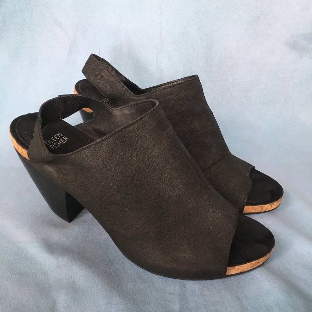 Eileen Fisher Black Open-Toe Suede Heel Sandals